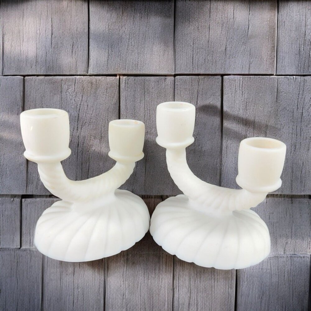 Imperial Glass Double Arm Candle Holder White Frosted Glass Set 2 Vintage Glass